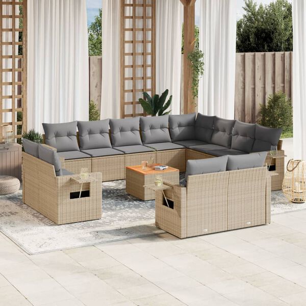 vidaXL 13-tlg. Garten-Sofagarnitur mit Kissen Beige Poly Rattan