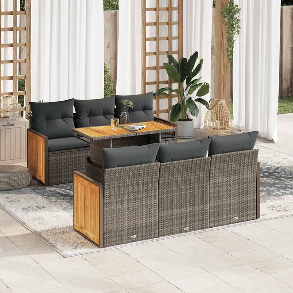 vidaXL 7-tlg. Garten-Sofagarnitur mit Kissen Grau Poly Rattan Akazie