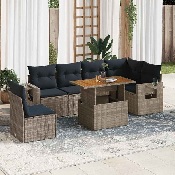 vidaXL 7-tlg. Garten-Sofagarnitur mit Kissen Grau Poly Rattan