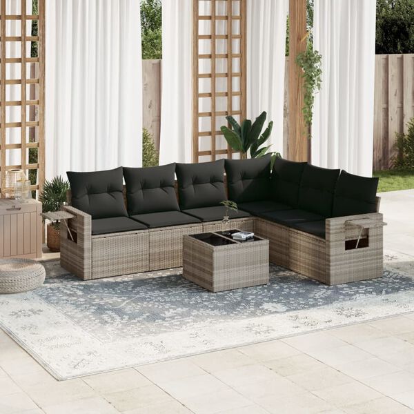 vidaXL 7-tlg. Garten-Sofagarnitur mit Kissen Hellgrau Poly Rattan