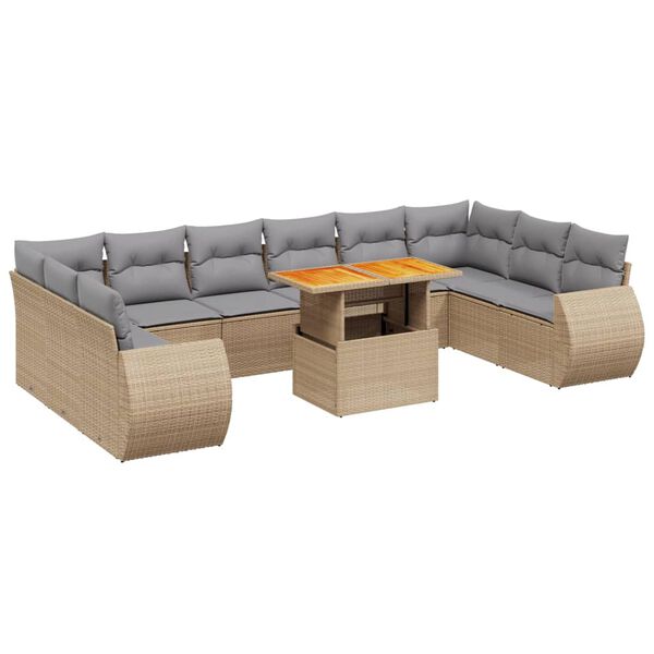 vidaXL 11-tlg. Garten-Sofagarnitur mit Kissen Beige Poly Rattan