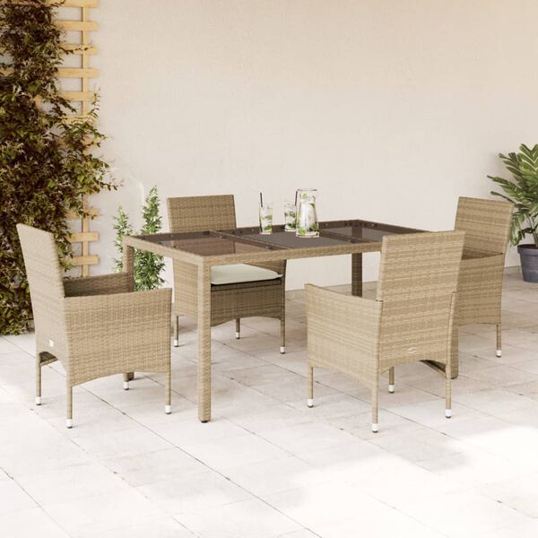 vidaXL 5-tlg. Garten-Essgruppe mit Kissen Beige Poly Rattan und Glas