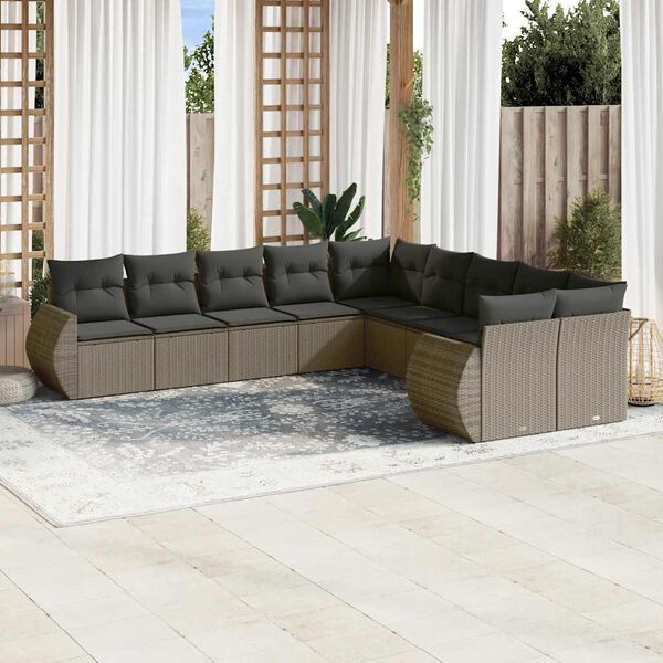 vidaXL 10-tlg. Garten-Sofagarnitur mit Kissen Hellgrau Poly Rattan