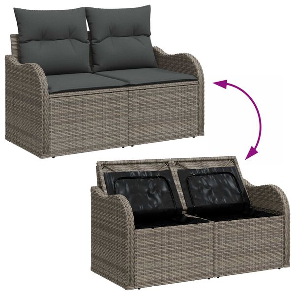vidaXL Garten-Sofa-Set mit Kissen mit Speicher 7 pcs Grau Poly Rattan