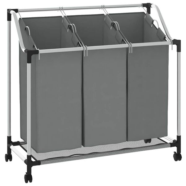 vidaXL Wäschekorb mit Rollen 3 Fächer Grau
