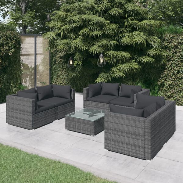 vidaXL 7-tlg. Garten-Lounge-Set mit Kissen Poly Rattan Grau