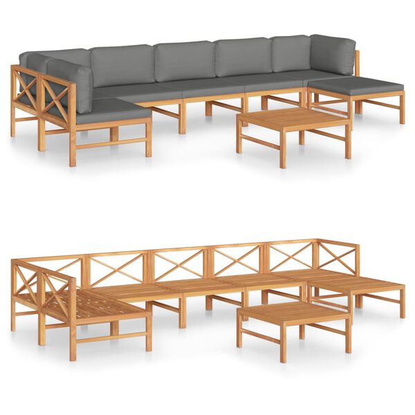 vidaXL 8-tlg. Garten-Lounge-Set mit Grauen Kissen Massivholz Teak