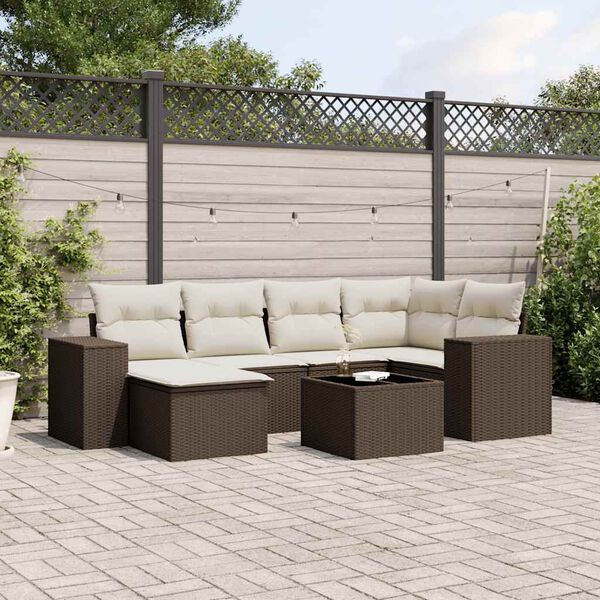 vidaXL 7-tlg. Garten-Sofagarnitur mit Kissen Braun Poly Rattan