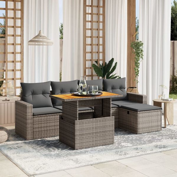 vidaXL 6-tlg. Garten-Sofagarnitur mit Kissen Grau Poly Rattan