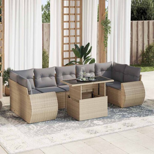 vidaXL 8-tlg. Garten-Sofagarnitur mit Kissen Beige Poly Rattan