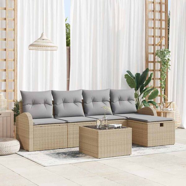 vidaXL Garten-Sofa-Set mit Kissen mit Speicher 6 pcs Beige Poly Rattan