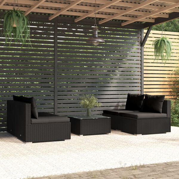 vidaXL 5-tlg. Garten-Lounge-Set mit Kissen Poly Rattan Schwarz