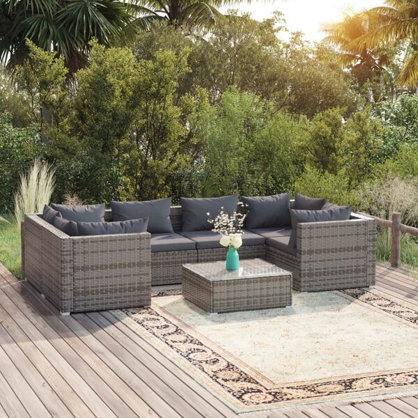 vidaXL 7-tlg. Garten-Lounge-Set mit Kissen Poly Rattan Grau