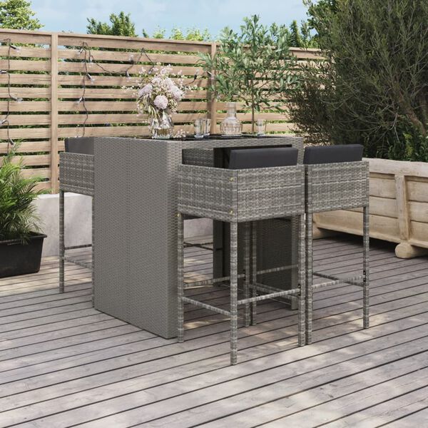 vidaXL 5-tlg. Gartenbar-Set mit Kissen Grau Poly Rattan