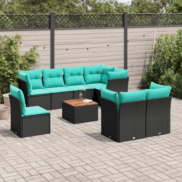 vidaXL 9-tlg. Garten-Sofagarnitur mit Kissen Schwarz Poly Rattan