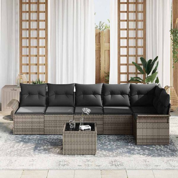 vidaXL Garten-Sofa-Set mit Kissen mit Speicher 7 pcs Grau Poly Rattan
