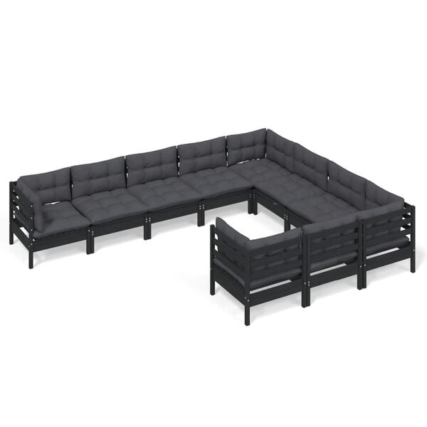 vidaXL 10-tlg. Garten-Lounge-Set mit Kissen Schwarz Kiefernholz