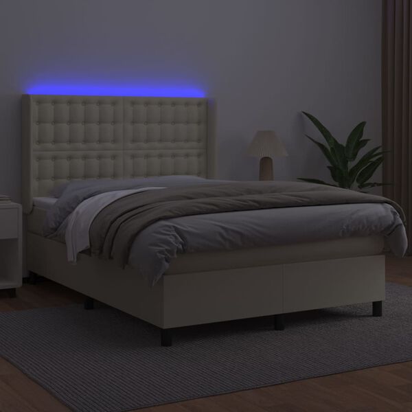 vidaXL Boxspringbett mit Matratze & LED Creme 140x200 cm Kunstleder