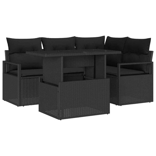 vidaXL Garten-Sofa-Set mit Kissen 5 pcs Schwarz Poly-Rattan