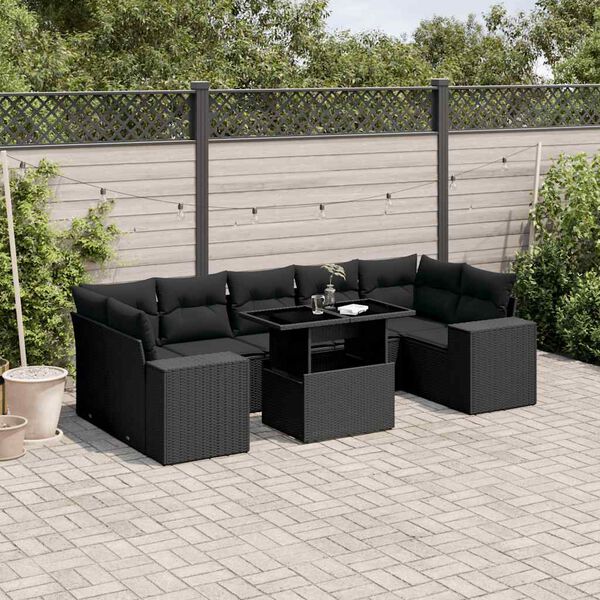 vidaXL 8-tlg. Garten-Sofagarnitur mit Kissen Schwarz Poly Rattan