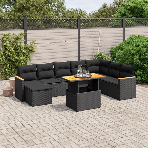 vidaXL 9-tlg. Garten-Sofagarnitur mit Kissen Schwarz Poly Rattan