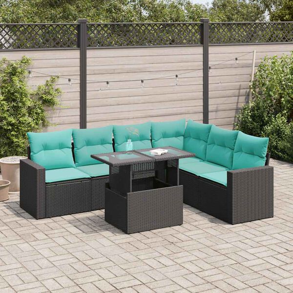 vidaXL 7-tlg. Garten-Sofagarnitur mit Kissen Schwarz Poly Rattan Akazie