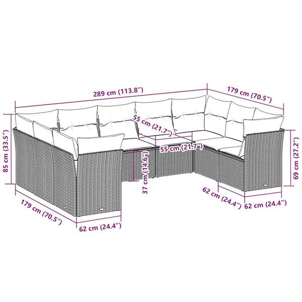 vidaXL 9-tlg. Garten-Sofagarnitur mit Kissen Hellgrau Poly Rattan