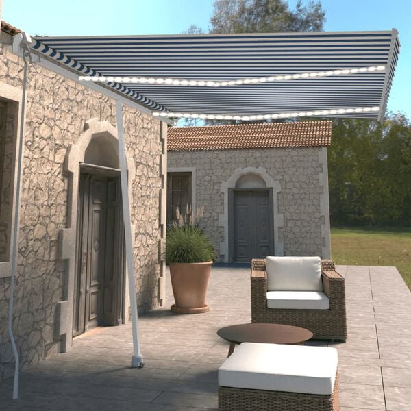 vidaXL Markise Manuell Einziehbar mit LED 350x250 cm Blau Wei&szlig;