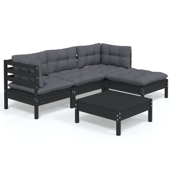 vidaXL 5-tlg. Garten-Lounge-Set mit Kissen Schwarz Kiefernholz