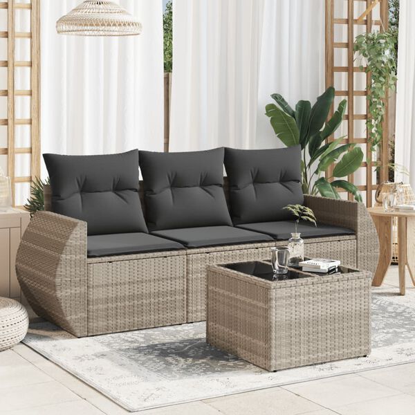vidaXL 4-tlg. Garten-Sofagarnitur mit Kissen Hellgrau Poly Rattan