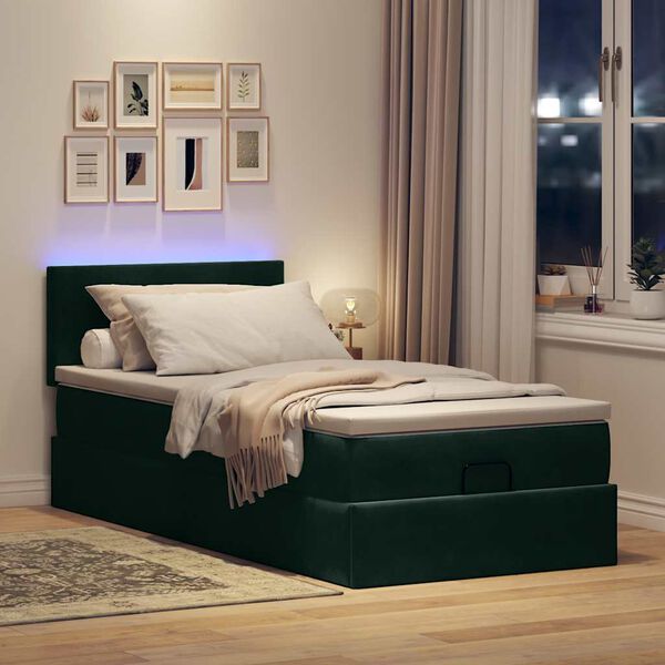 vidaXL Ottoman-Bett mit Matratze & LEDs Dunkelgr&uuml;n 90x190 cm Samt
