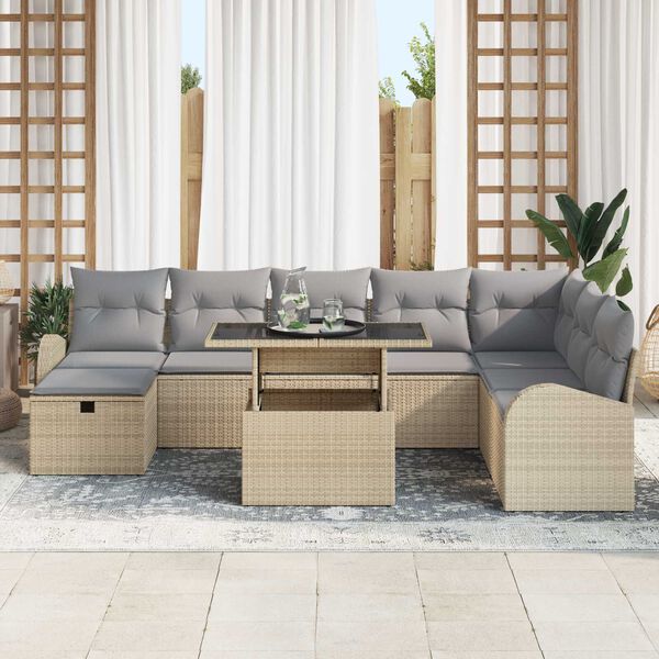 vidaXL Garten-Sofa-Set mit Kissen mit Speicher 9 pcs Beige Poly Rattan