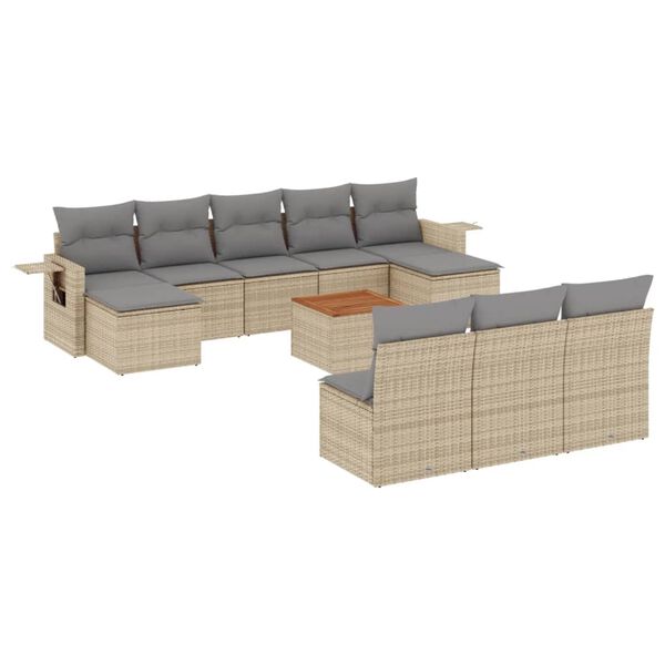 vidaXL 11-tlg. Garten-Sofagarnitur mit Kissen Beige Poly Rattan