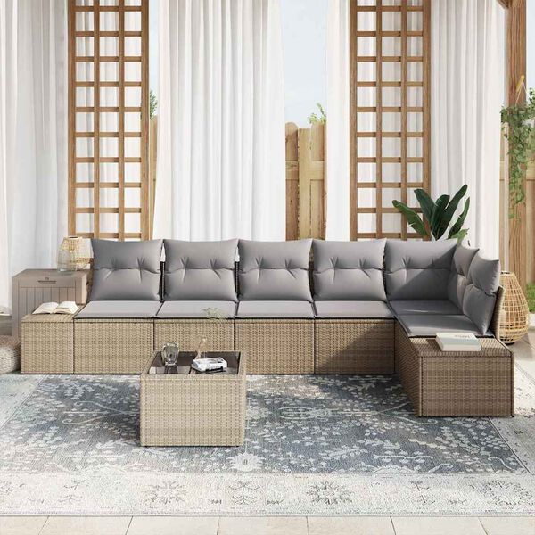 vidaXL Garten-Sofa-Set mit Kissen 7 pcs Beige und Hellgrau Poly-Rattan
