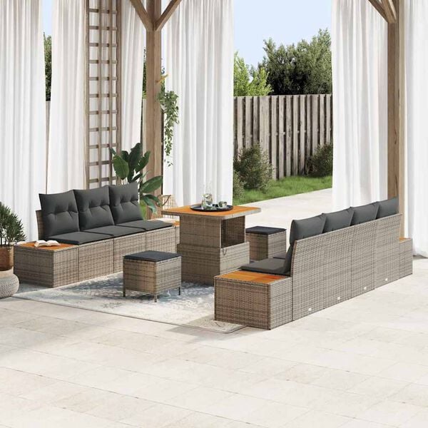 vidaXL Gartensofa-set mit Kissen mit Speicher 10 pcs Grau Poly Rattan