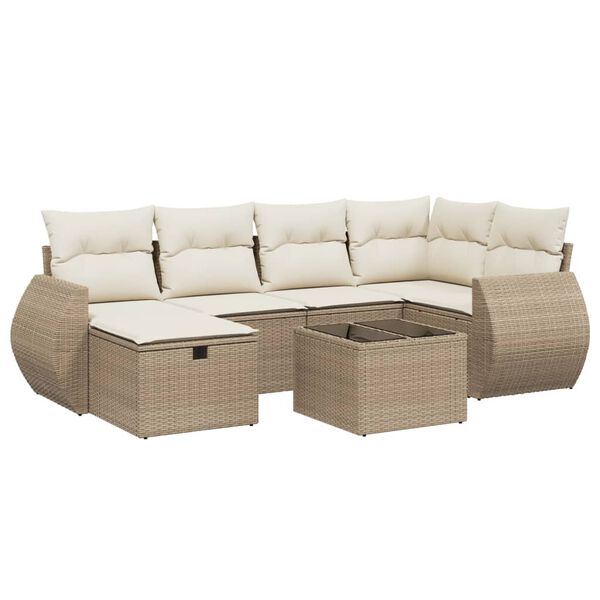vidaXL 7-tlg. Garten-Sofagarnitur mit Kissen Beige Poly Rattan