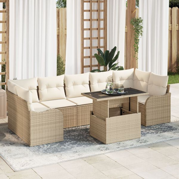 vidaXL Garten-Sofa-Set mit Kissen mit Speicher 8 pcs Beige Poly Rattan