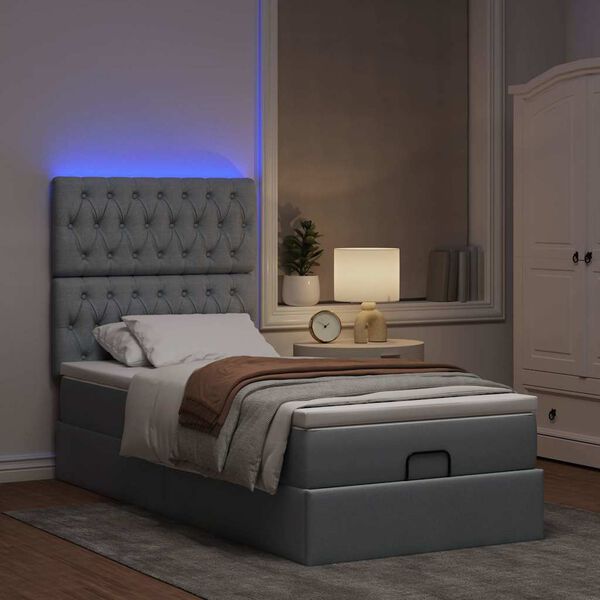 vidaXL Ottoman-Bett mit Matratze & LEDs Hellgrau 100x200 cm Stoff
