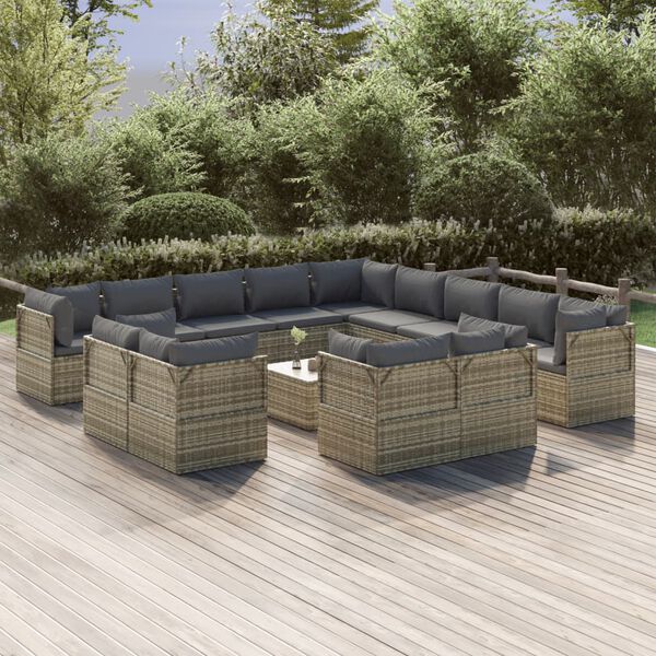 vidaXL 14-tlg. Garten-Lounge-Set mit Kissen Grau Poly Rattan