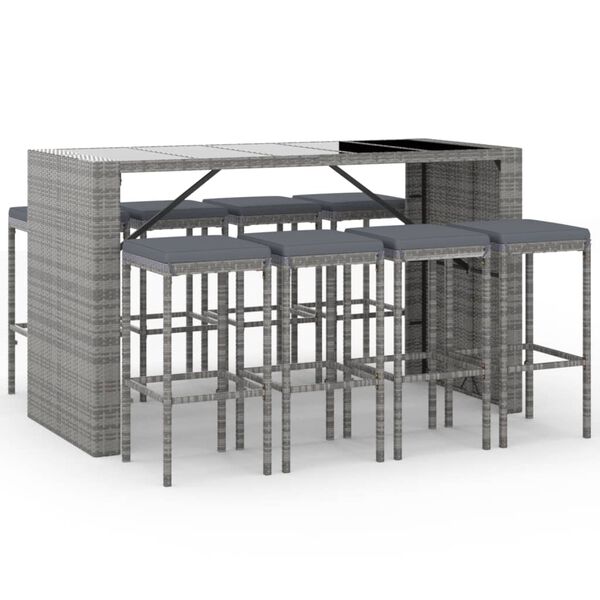 vidaXL 9-tlg. Gartenbar-Set mit Kissen Grau Poly Rattan
