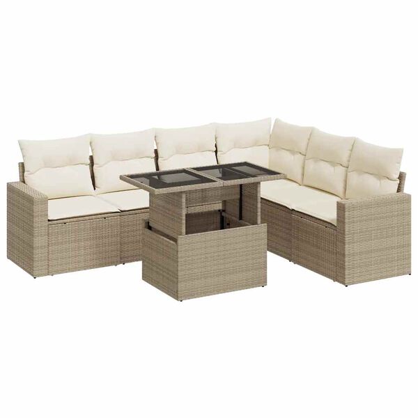 vidaXL 7-tlg. Garten-Sofagarnitur mit Kissen Beige Poly Rattan