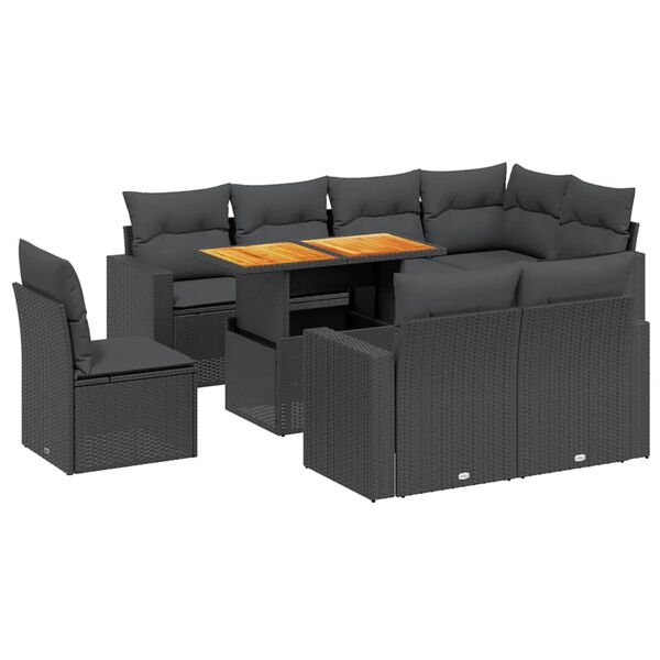 vidaXL 9-tlg. Garten-Sofagarnitur mit Kissen Schwarz Poly Rattan