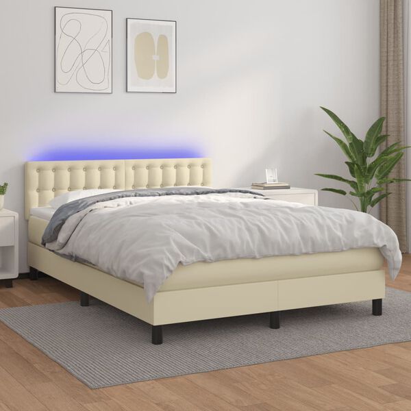 vidaXL Boxspringbett mit Matratze & LED Creme 140x200 cm Kunstleder
