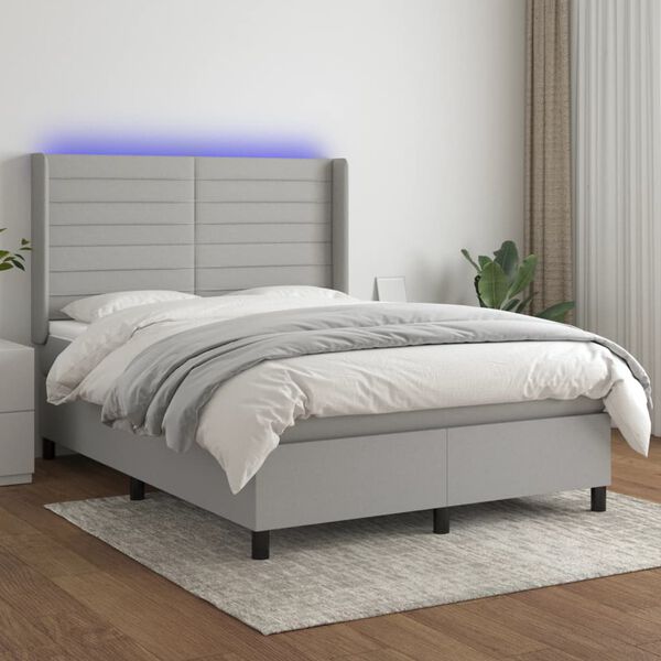vidaXL Boxspringbett mit Matratze & LED Hellgrau 140x190 cm Stoff