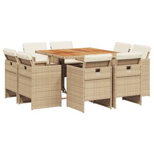 vidaXL 9-tlg. Garten-Essgruppe mit Kissen Beige Poly Rattan