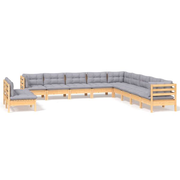 vidaXL 11-tlg. Garten-Lounge-Set mit Grauen Kissen Massivholz Kiefer