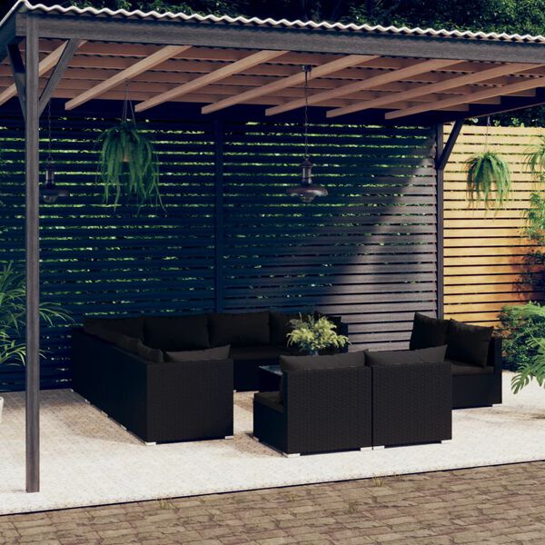 vidaXL 12-tlg. Garten-Lounge-Set mit Kissen Schwarz Poly Rattan