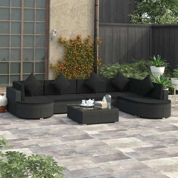 vidaXL 8-tlg. Garten-Lounge-Set mit Auflagen Poly Rattan Schwarz