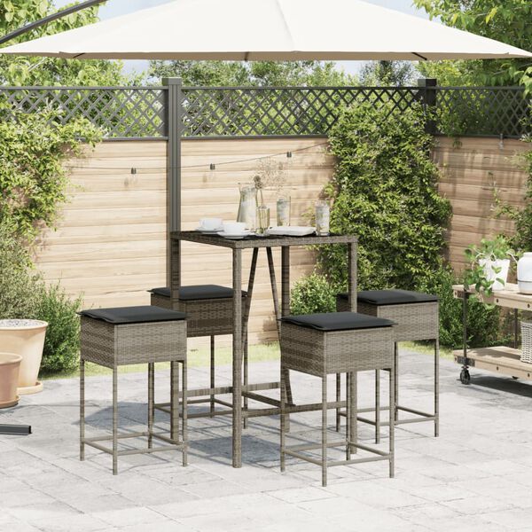 vidaXL 5-tlg. Gartenbar-Set mit Kissen Grau Poly Rattan