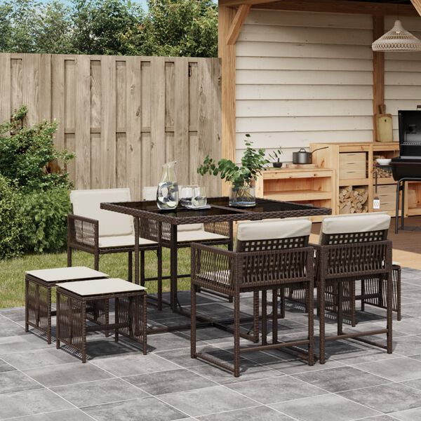 vidaXL 9-tlg. Garten-Essgruppe mit Kissen Braun Poly Rattan